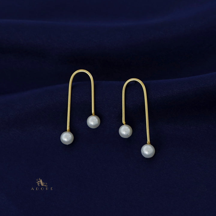 Golden Curvy Dual Pearl Earring