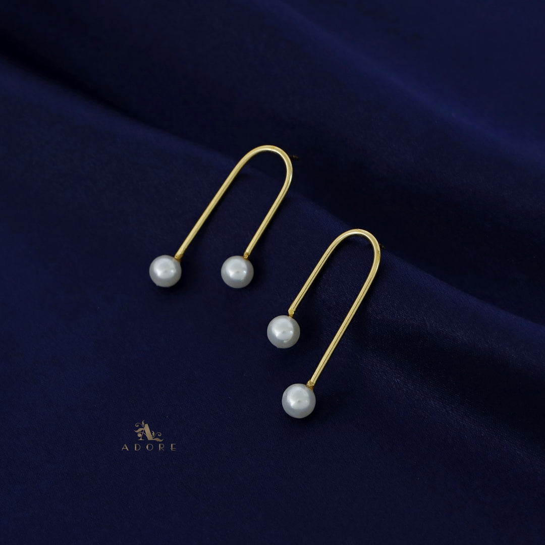 Golden Curvy Dual Pearl Earring