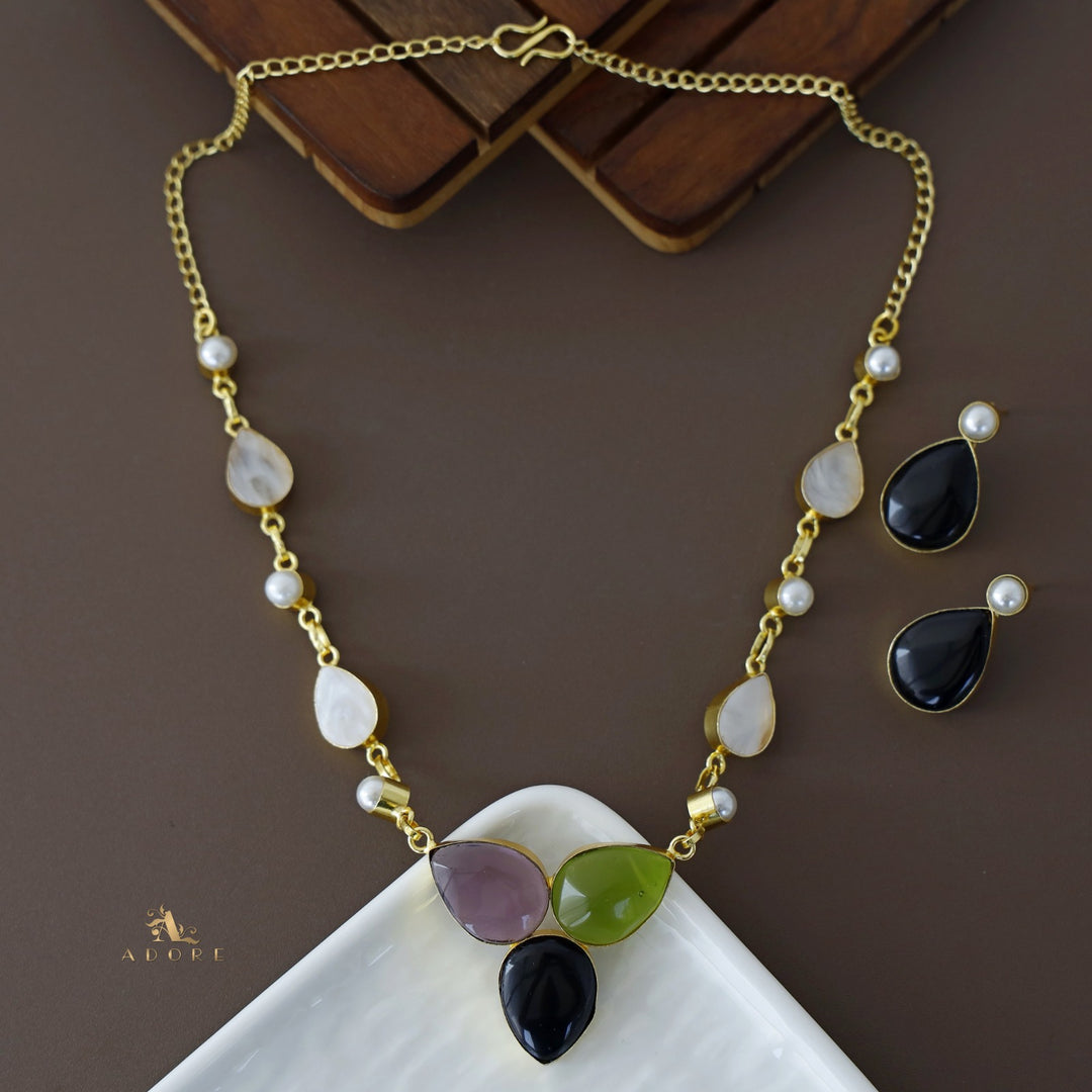 Glossy Tri MOP + Pearl Short Neckpiece with Earring