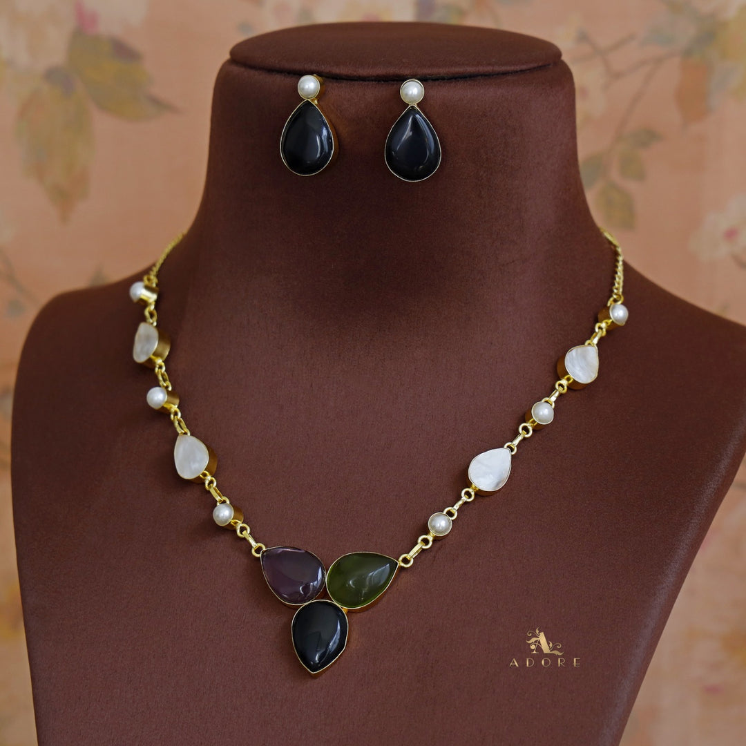 Glossy Tri MOP + Pearl Short Neckpiece with Earring