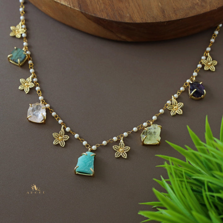 5 Raw Stone + Flower Carly Pearl Neckpiece