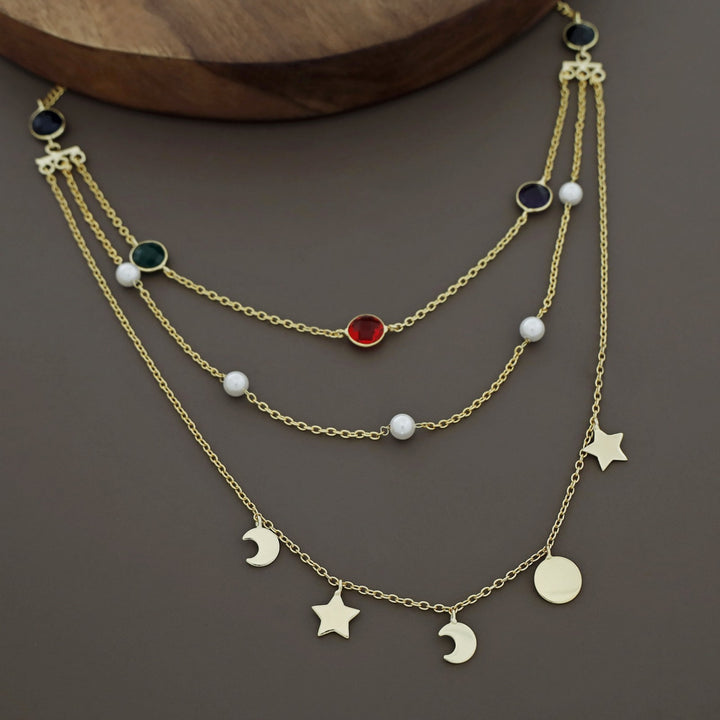 Cheyenne 3 Layer Pearl Glossy Stone Neckpiece