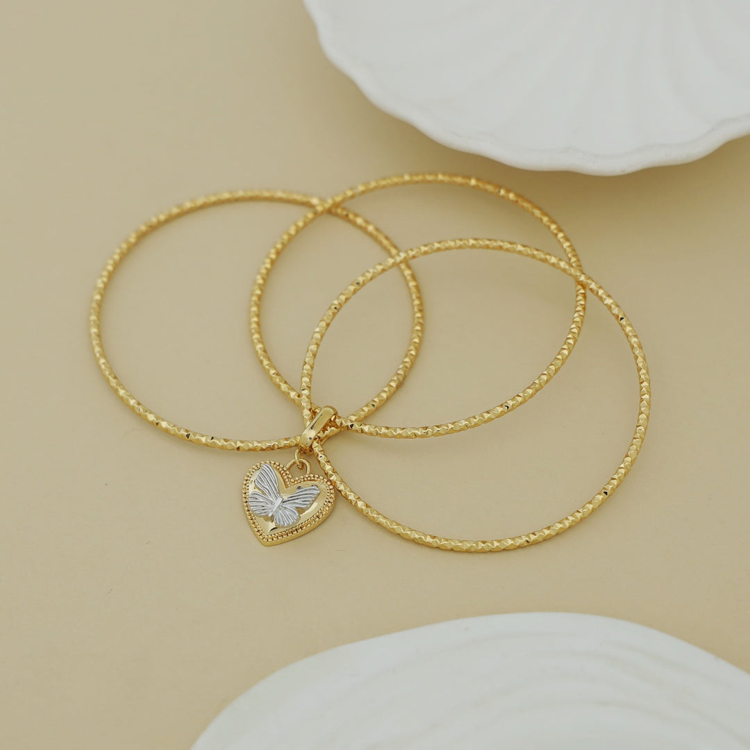 Butterfly Heart Dual Tone 3 Layer Charm Bangle