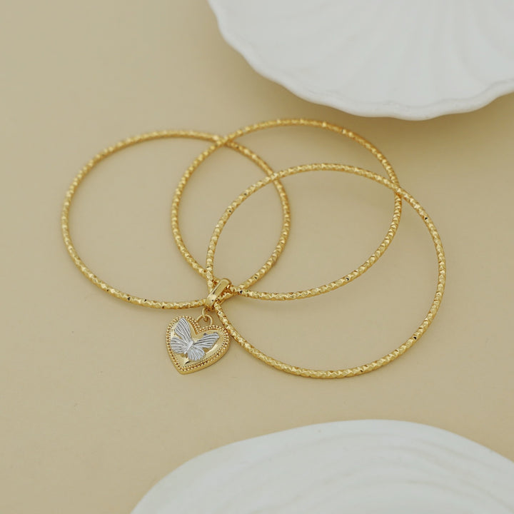 Butterfly Heart Dual Tone 3 Layer Charm Bangle