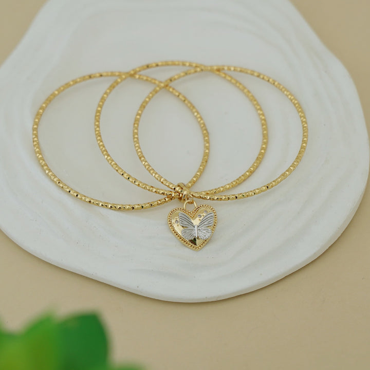 Butterfly Heart Dual Tone 3 Layer Charm Bangle