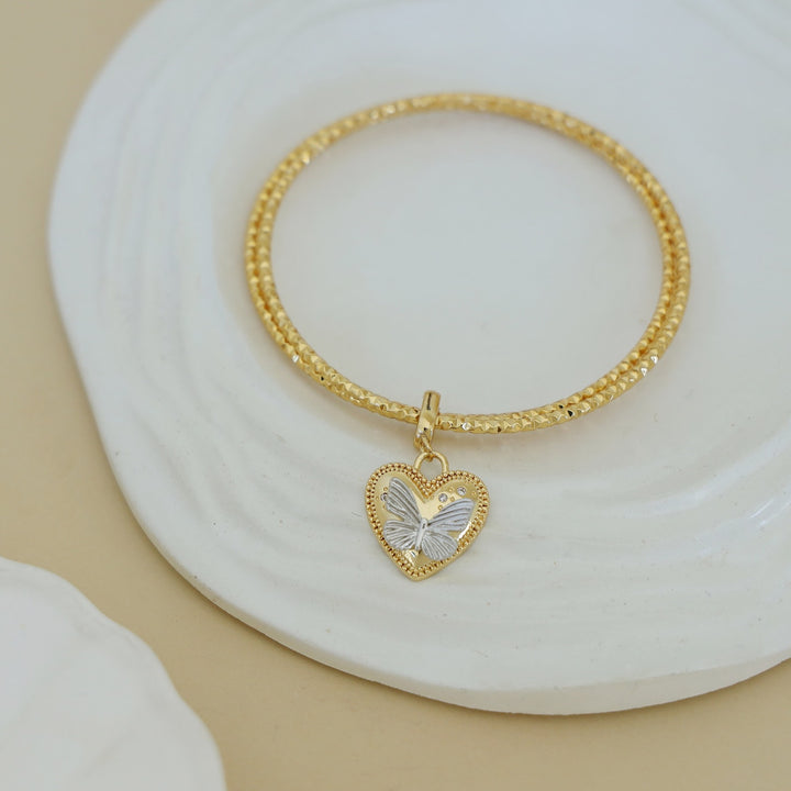 Butterfly Heart Dual Tone 3 Layer Charm Bangle