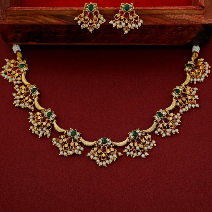 Vinaya Golden Lotus Pearl Short Neckpiece With Earring