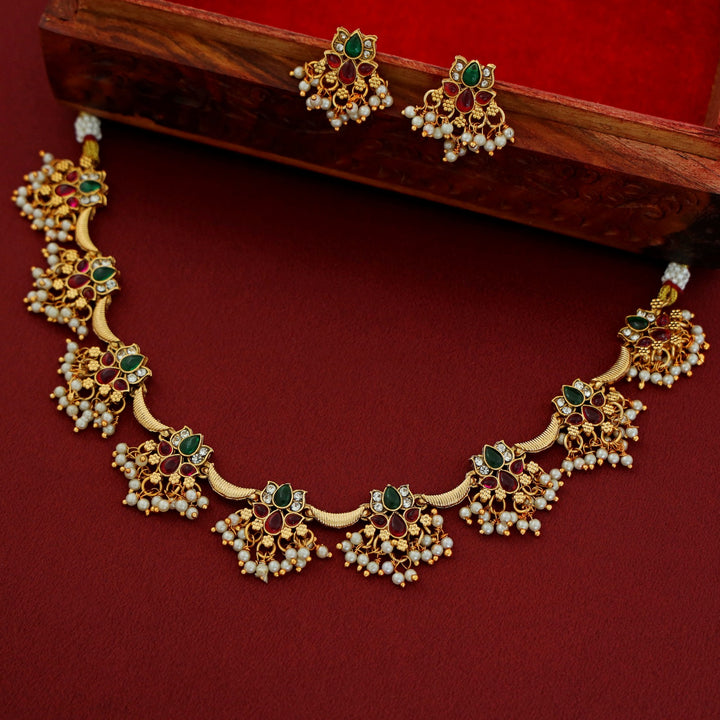 Vinaya Golden Lotus Pearl Short Neckpiece With Earring