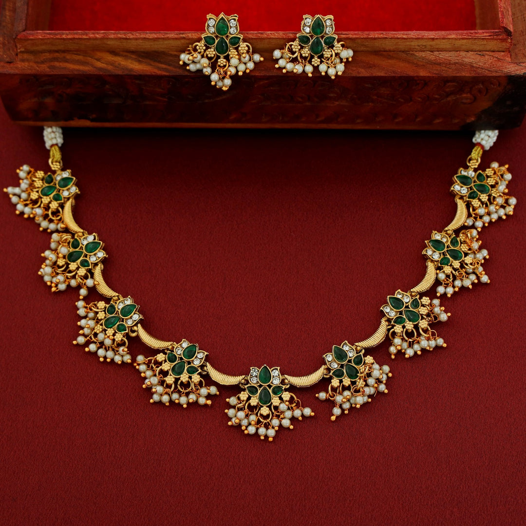 Vinaya Golden Lotus Pearl Short Neckpiece With Earring