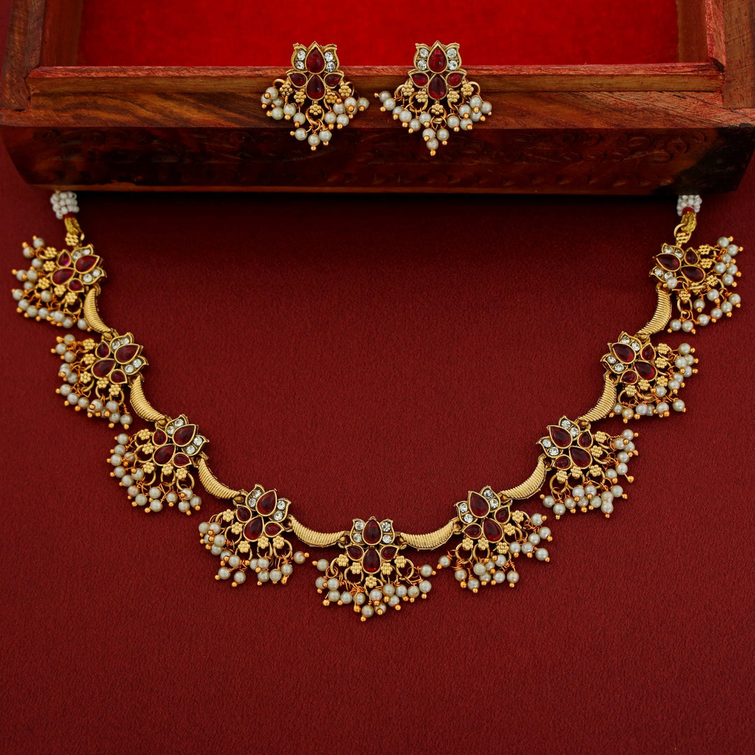 Vinaya Golden Lotus Pearl Short Neckpiece With Earring