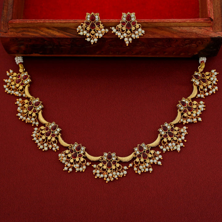 Vinaya Golden Lotus Pearl Short Neckpiece With Earring