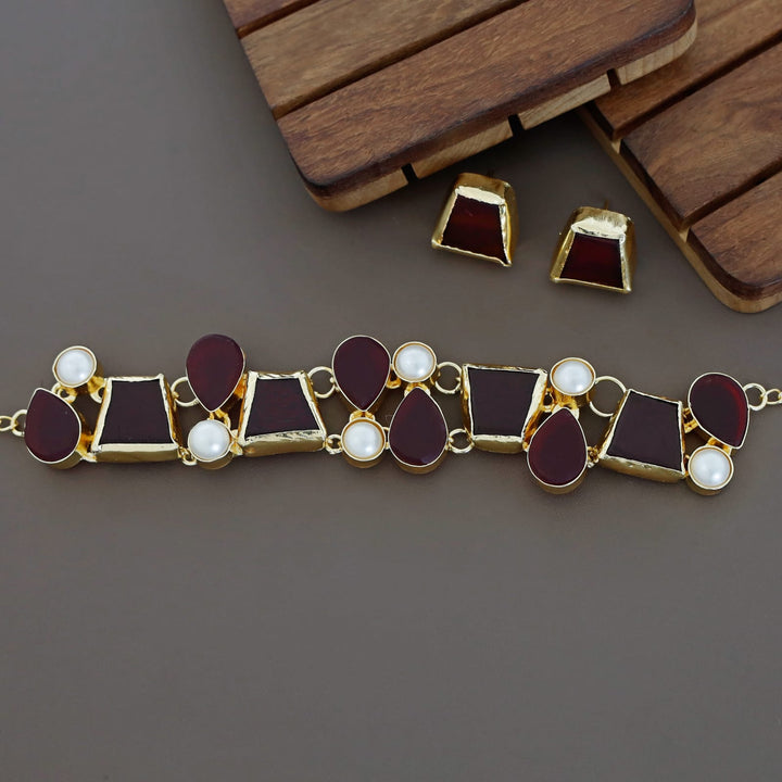 Brenda Golden Raw Stone + Pearl Choker With Stud