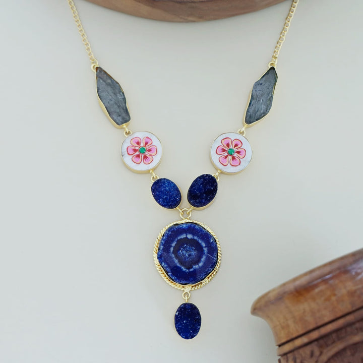 Alara Hand Painted Agate + Druzy + Dyed Stone Neckpiece
