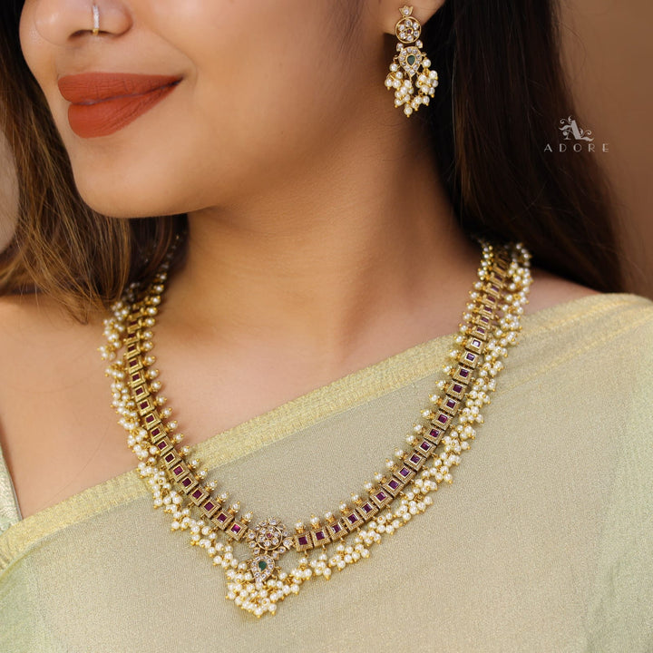 Premium Akanshi Pearl Bridal Long Neckpiece With Earring