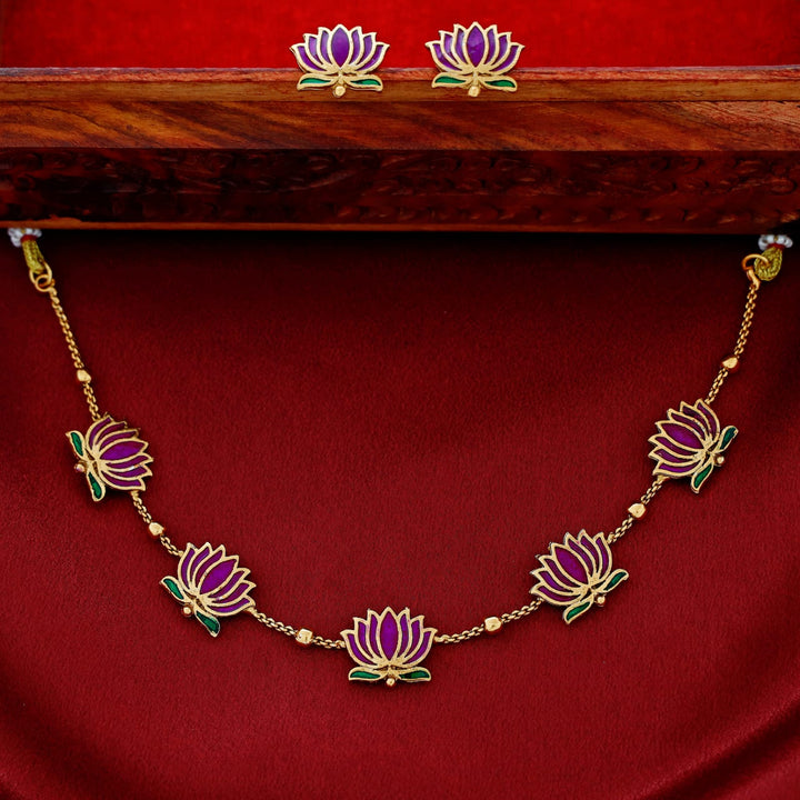 Golden Ball Advaita Enamel Lotus Short Neckpiece / Choker With Earring