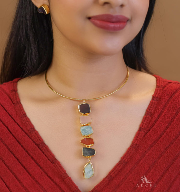 Acelee Multicolour Raw Stone Neck Cuff With Stud