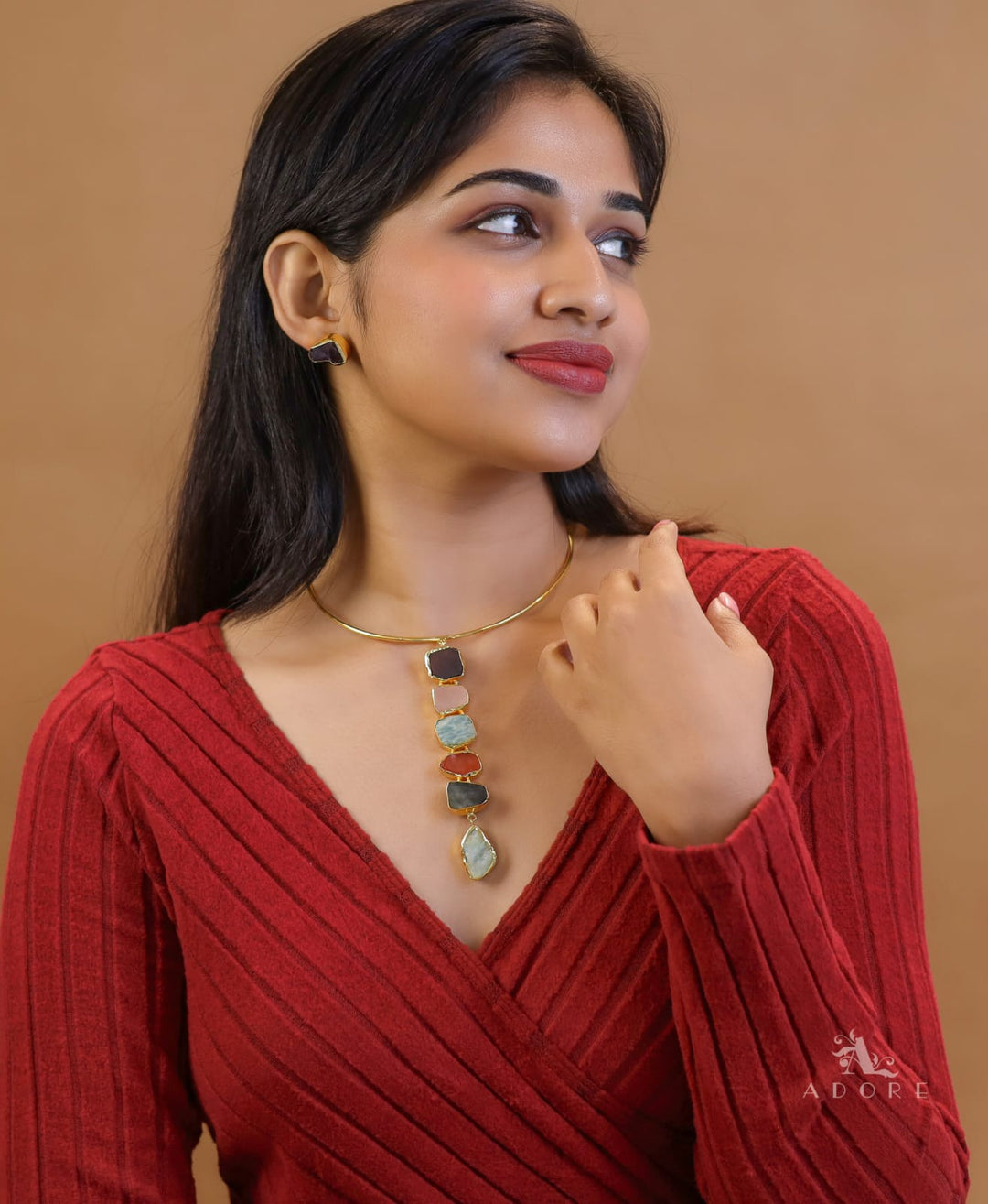 Acelee Multicolour Raw Stone Neck Cuff With Stud