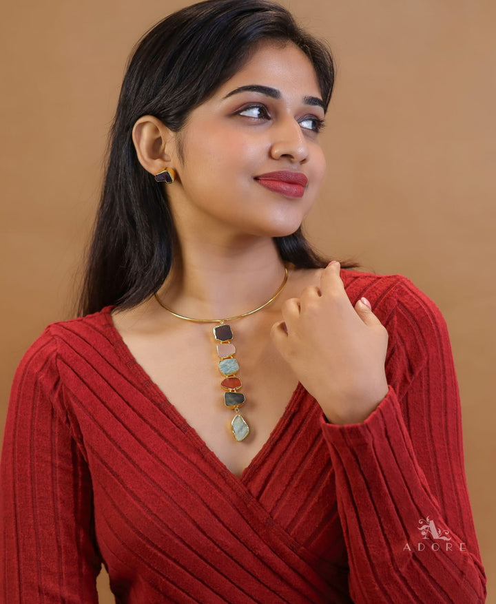 Acelee Multicolour Raw Stone Neck Cuff With Stud