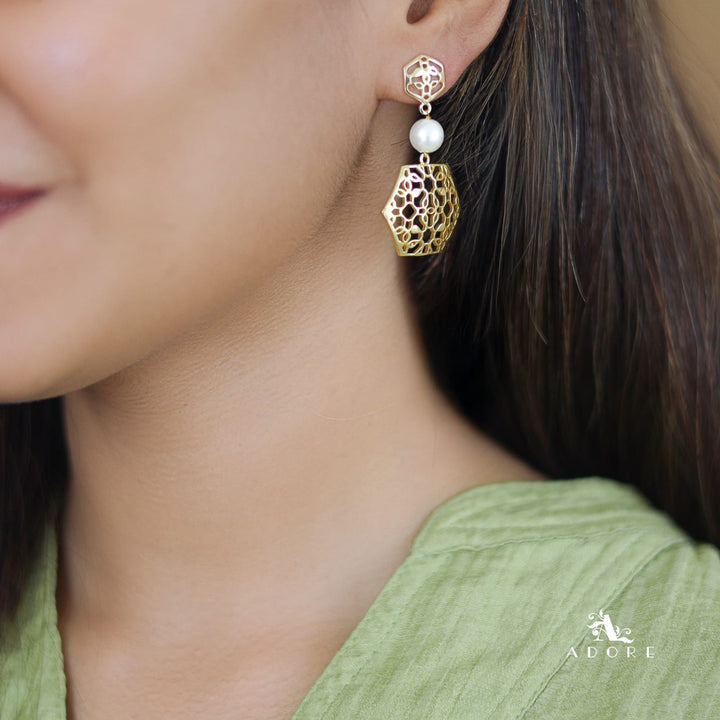 Golden Dual Hexagon Pearl Earring
