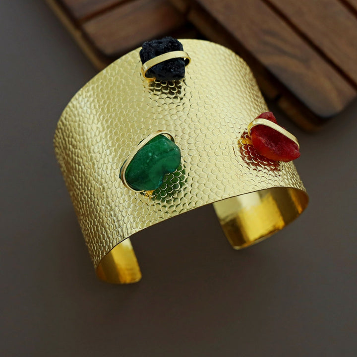 Golden Textured Tri Druzy Stone Hand Cuff