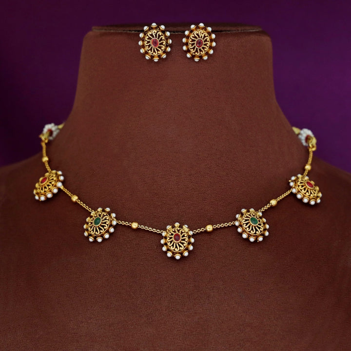 Maheera Oval Pearl Floral Short Neckpiece With Stud