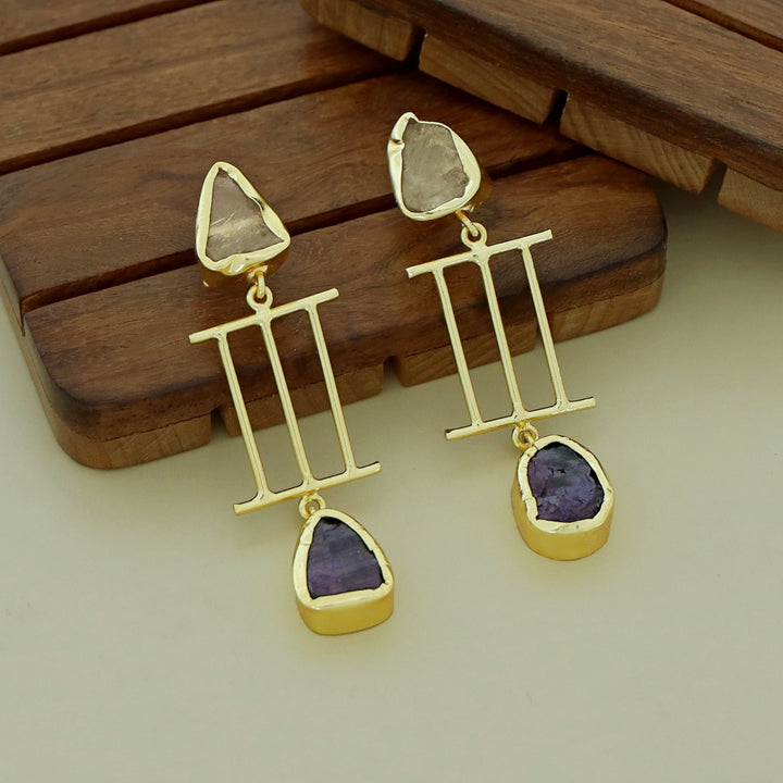 Golden Tri Stick Dual Raw Stone Earring