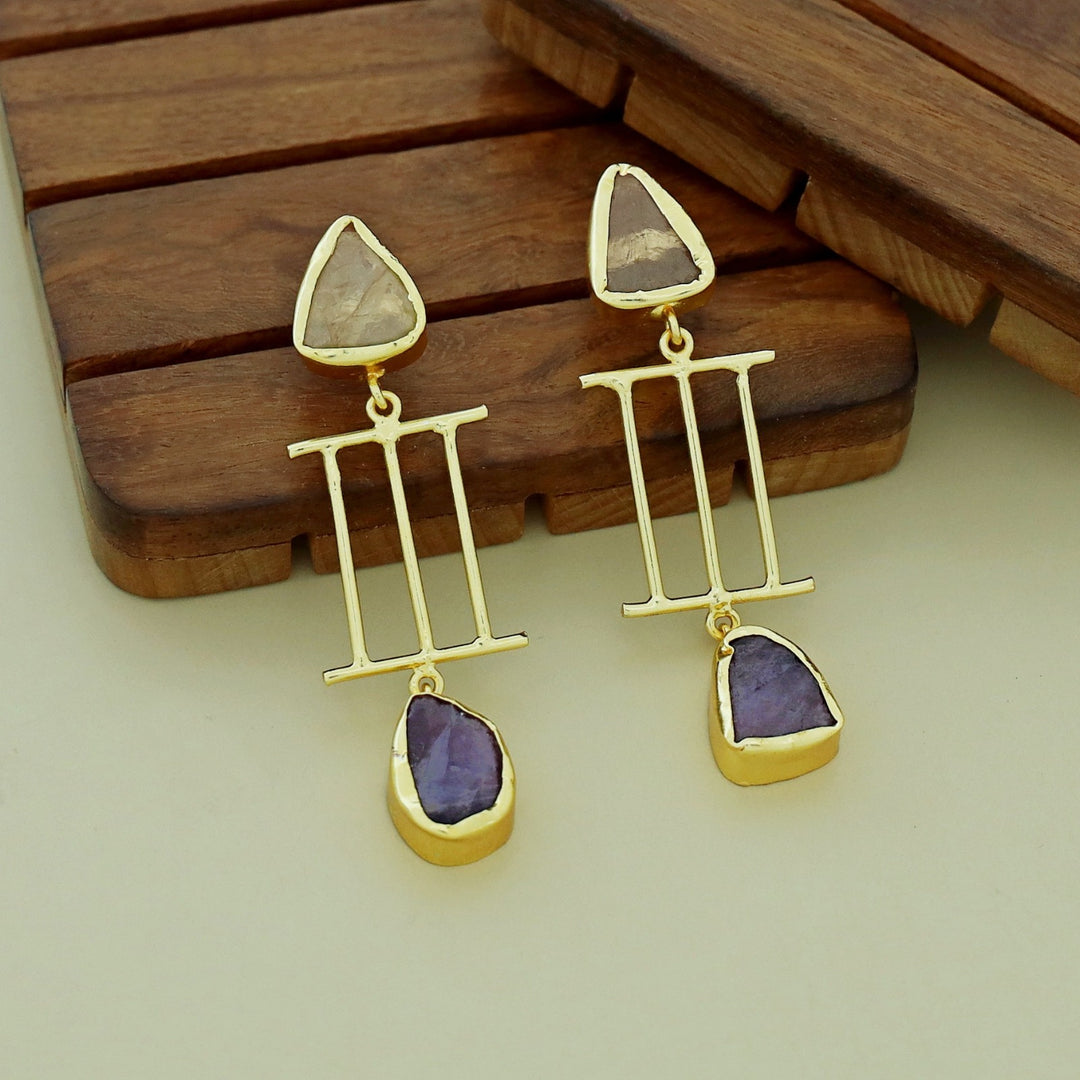 Golden Tri Stick Dual Raw Stone Earring
