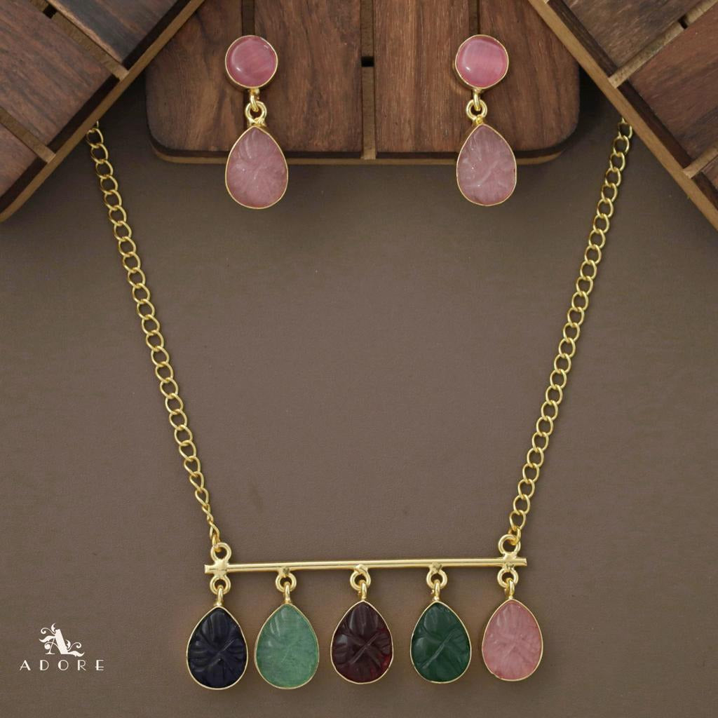 Mizhil 5 Carved Stone Neckpiece With Earring