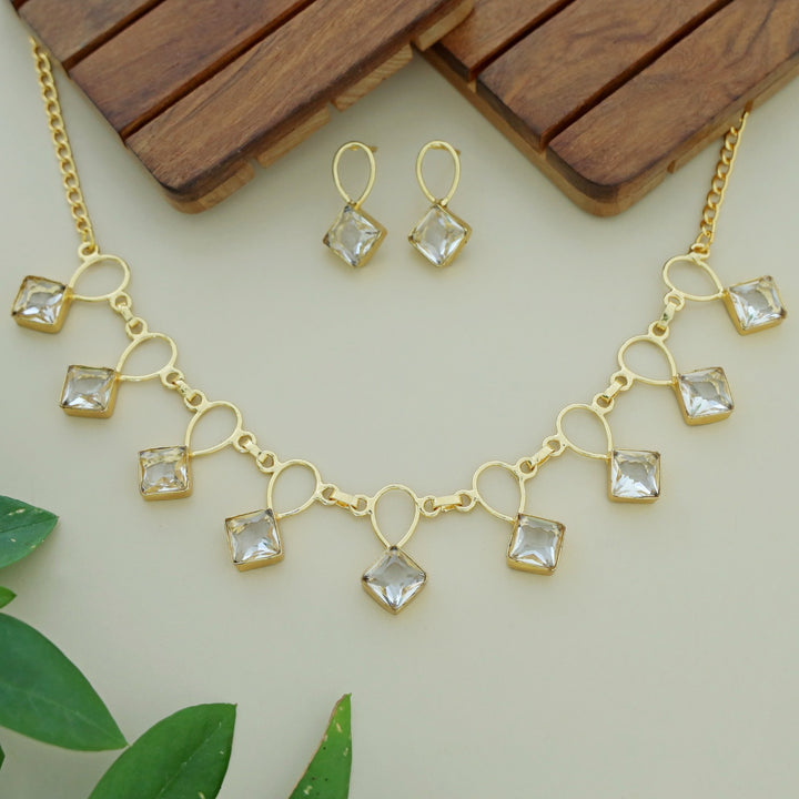 Adorn Diamond Drop Glossy Neckpiece With Earring