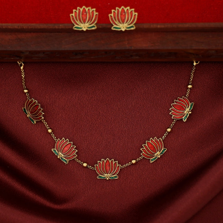 Golden Ball Advaita Enamel Lotus Short Neckpiece / Choker With Earring