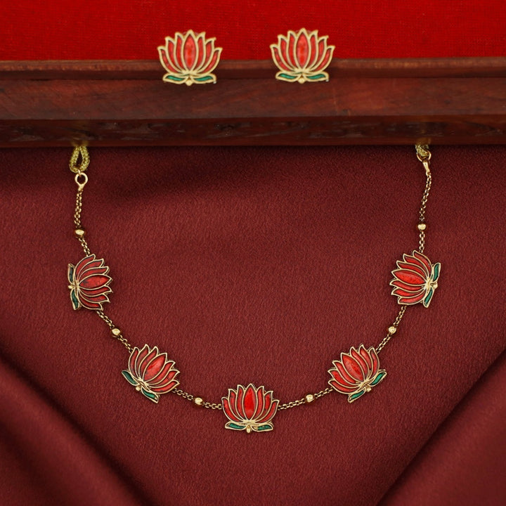 Golden Ball Advaita Enamel Lotus Short Neckpiece / Choker With Earring