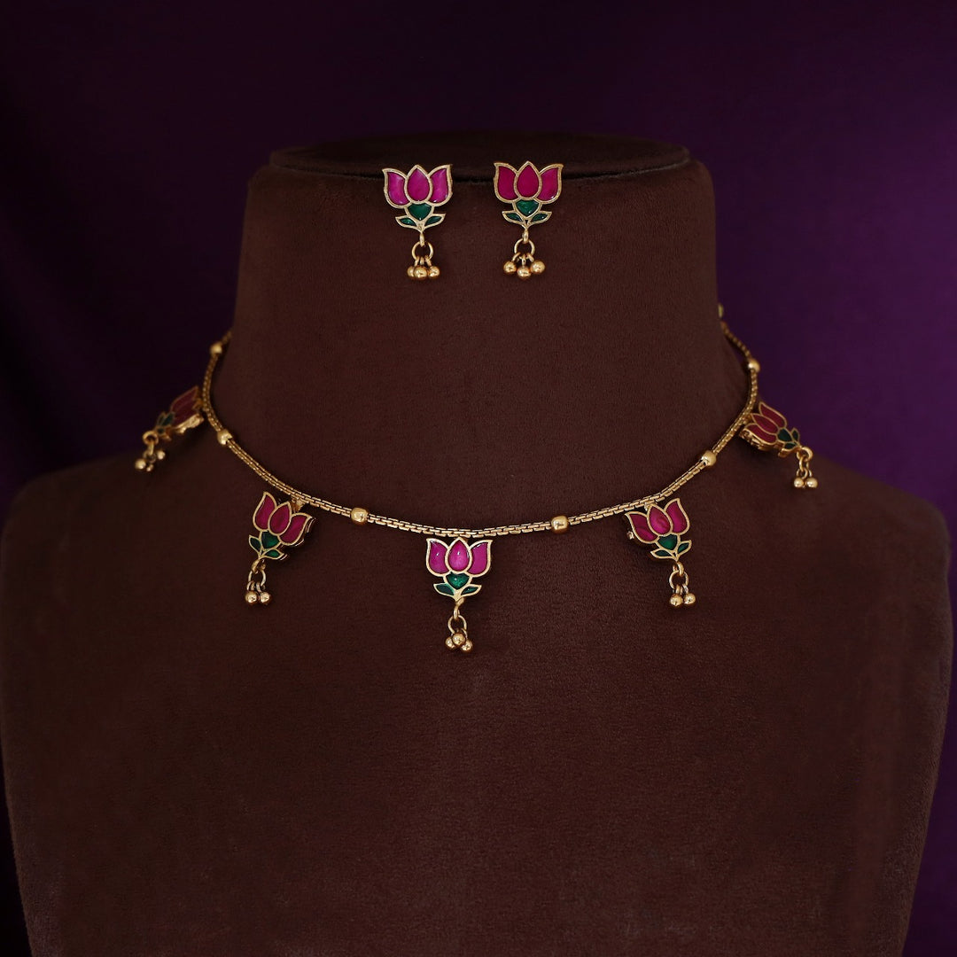Hima Padma 5 Golden Ball Short Neckpiece With Earring