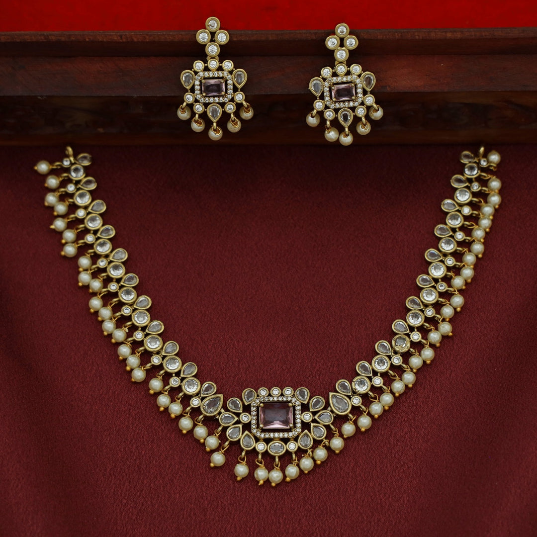 Sayara AD Stone Pearl Short Neckpiece With Earring