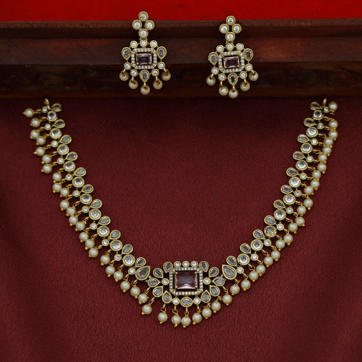 Sayara AD Stone Pearl Short Neckpiece With Earring