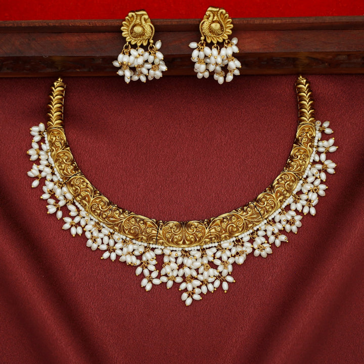 Arundhathi Hanging Cluster Pearl Stiff Neckpiece With Earring