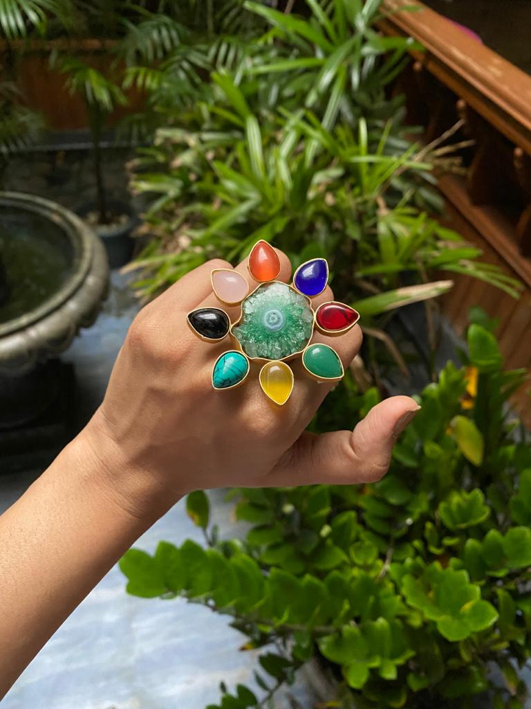 Multicolour Agate Flower Ring (Dyed Agate Stone)