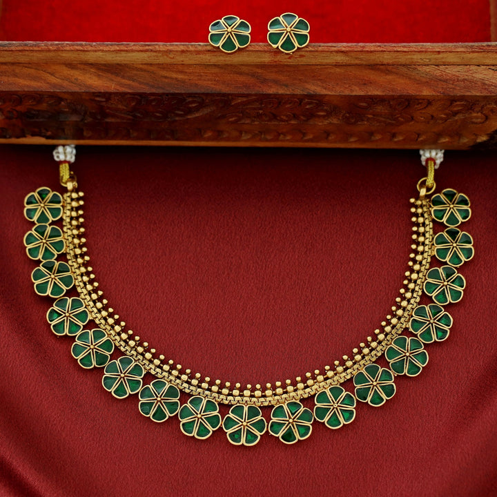 Tanima Golden Enamel Flower Short Neckpiece With Earring