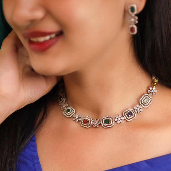 Saira AD Stone Flowery Rectangle Neckpiece With Earring