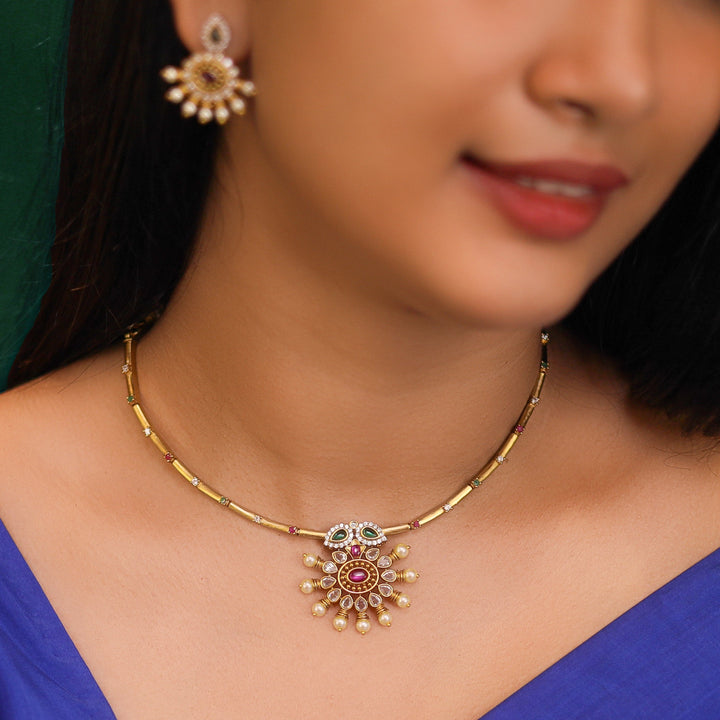 Smitakshi Golden Multicoloured Stoned Neckpiece With Earring