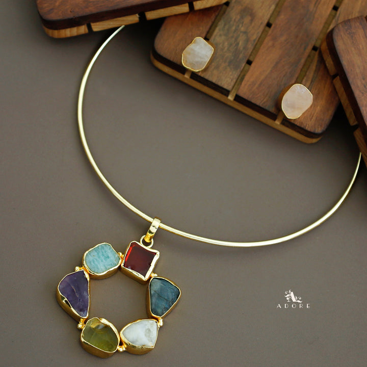 Raw Stone Golden Chakra Neck Cuff With Stud