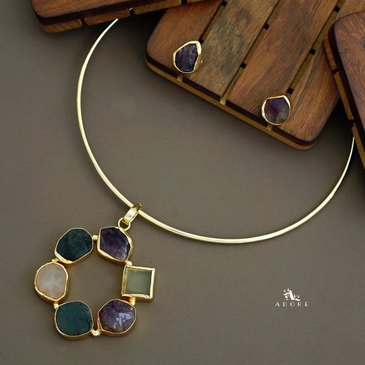 Raw Stone Golden Chakra Neck Cuff With Stud