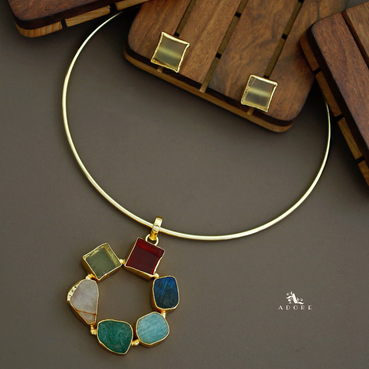 Raw Stone Golden Chakra Neck Cuff With Stud