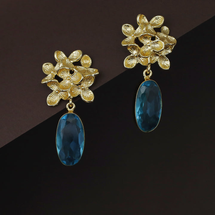 Golden Flower Bunch Oval Glossy Stone Earring