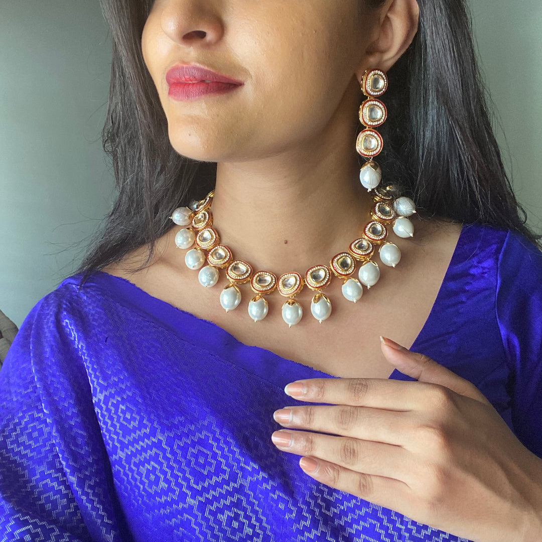 Premium Pearl Bishakha Kundan Neckpiece with Stud