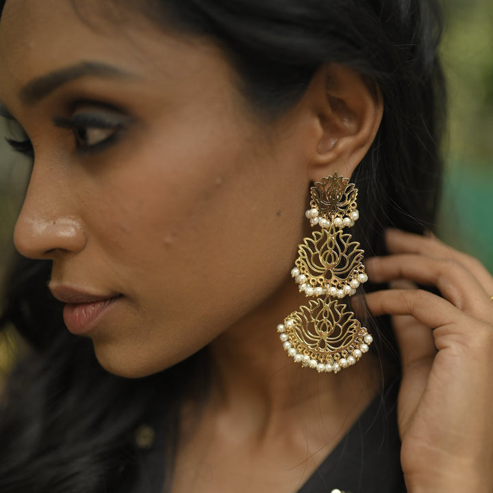Golden 3 Layer Lotus Cluster Pearl Earring