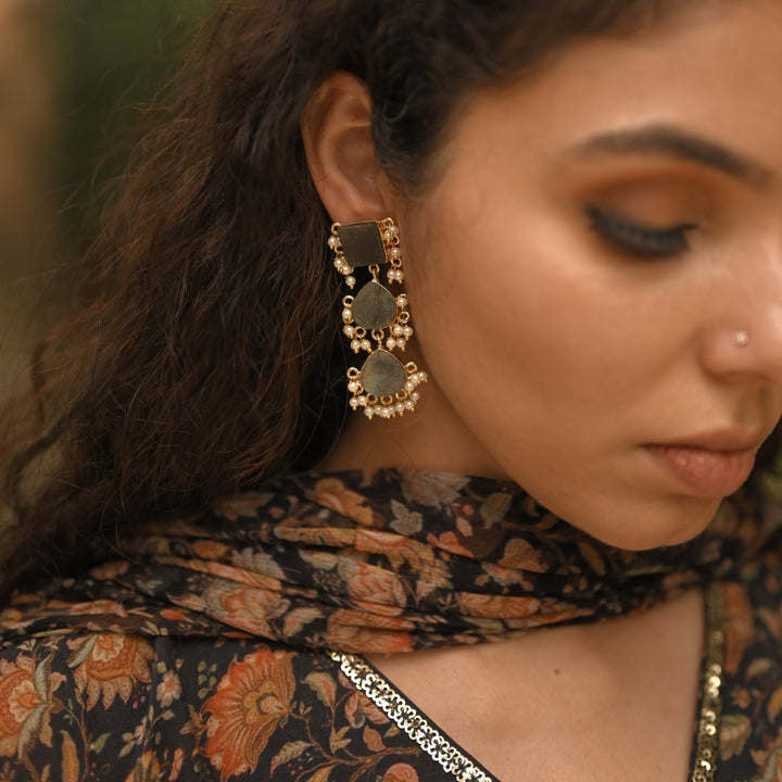 Hrishika 3 Step Raw Stone Pearl Earring