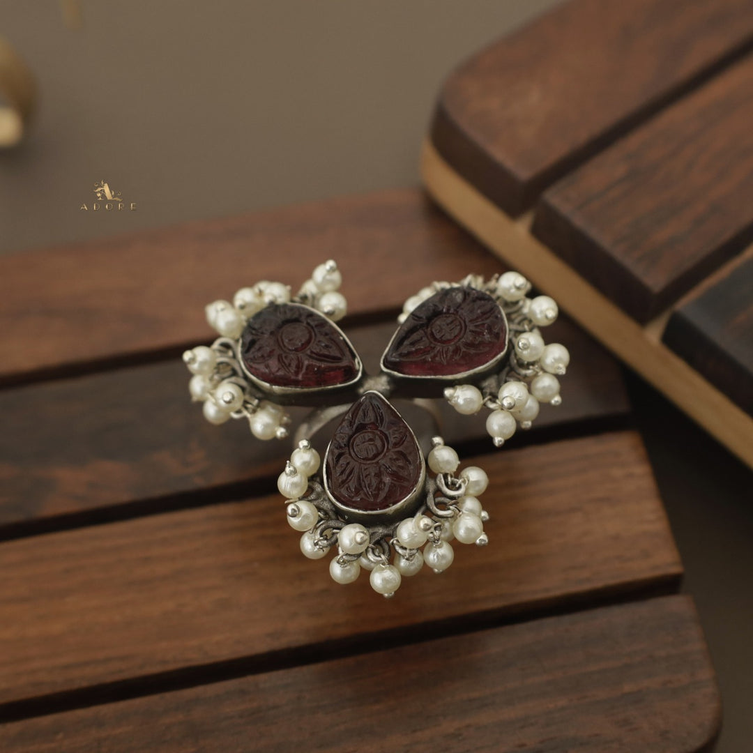 Daxa Carved 3 Petal Cluster Pearl Ring ( Rust Finish )