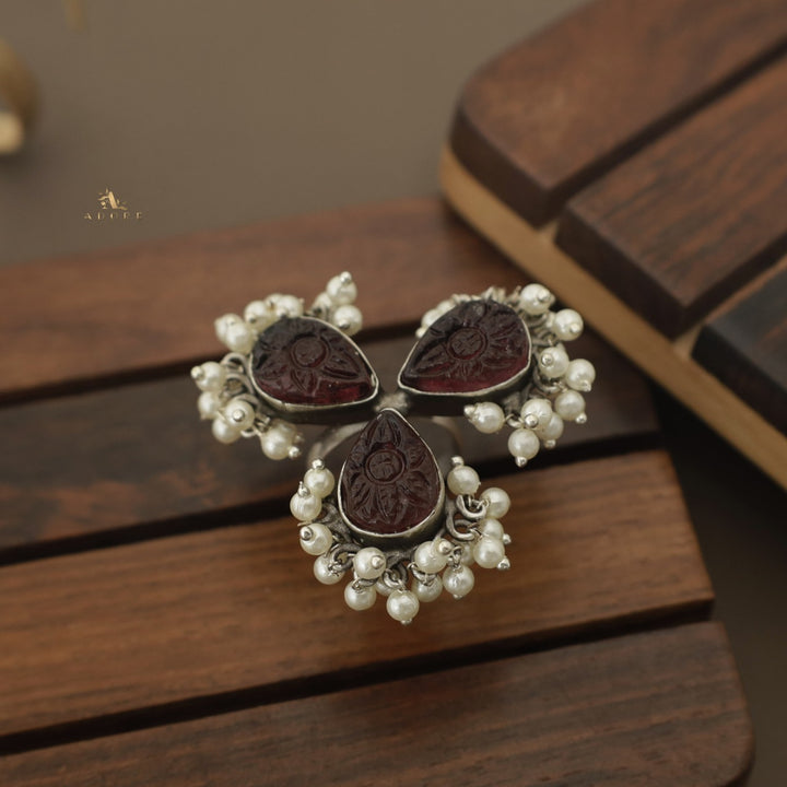 Daxa Carved 3 Petal Cluster Pearl Ring ( Rust Finish )