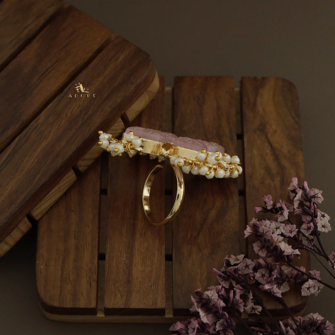 Golden Carved 4 Petal Cluster Pearl Ring