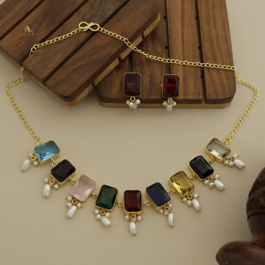 Litzy Glossy Rectangle Pearl Short Neckpiece/Choker With Earring